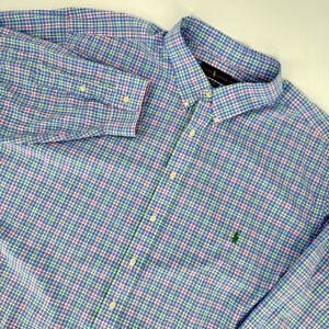 Ralph Lauren Mens 4XLT Blue Pink Green Plaid Cotton Stretch Button Down Shirt